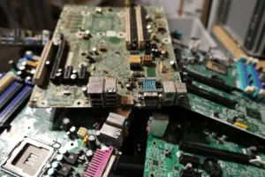 A collection of obsolete circuit boards, highlighting e-waste recycling.