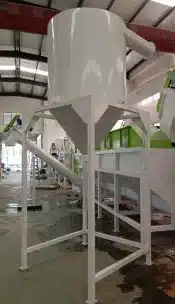 Storage silo collecting washed PP and HDPE plastic flakes after recycling