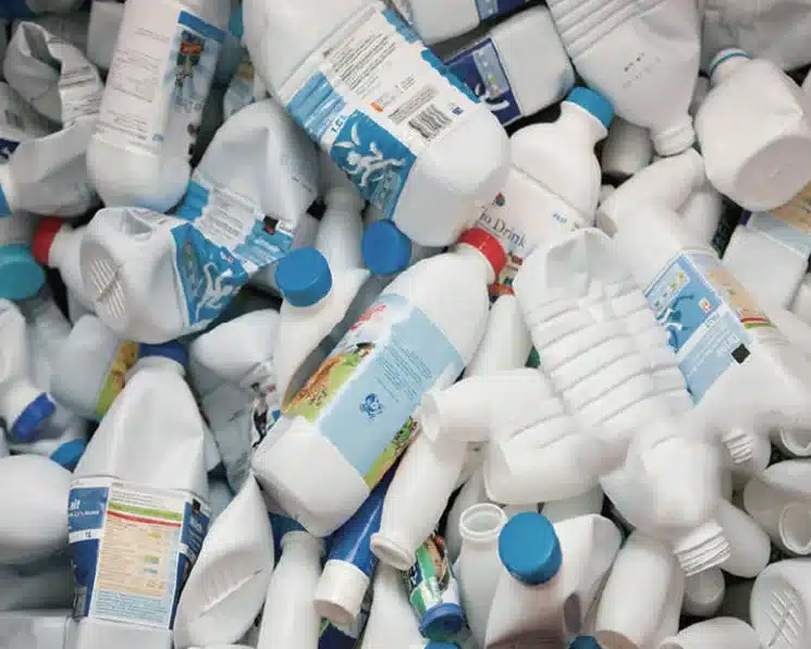 HDPE drums, plastic bottles, PP buckets, and crates for recycling